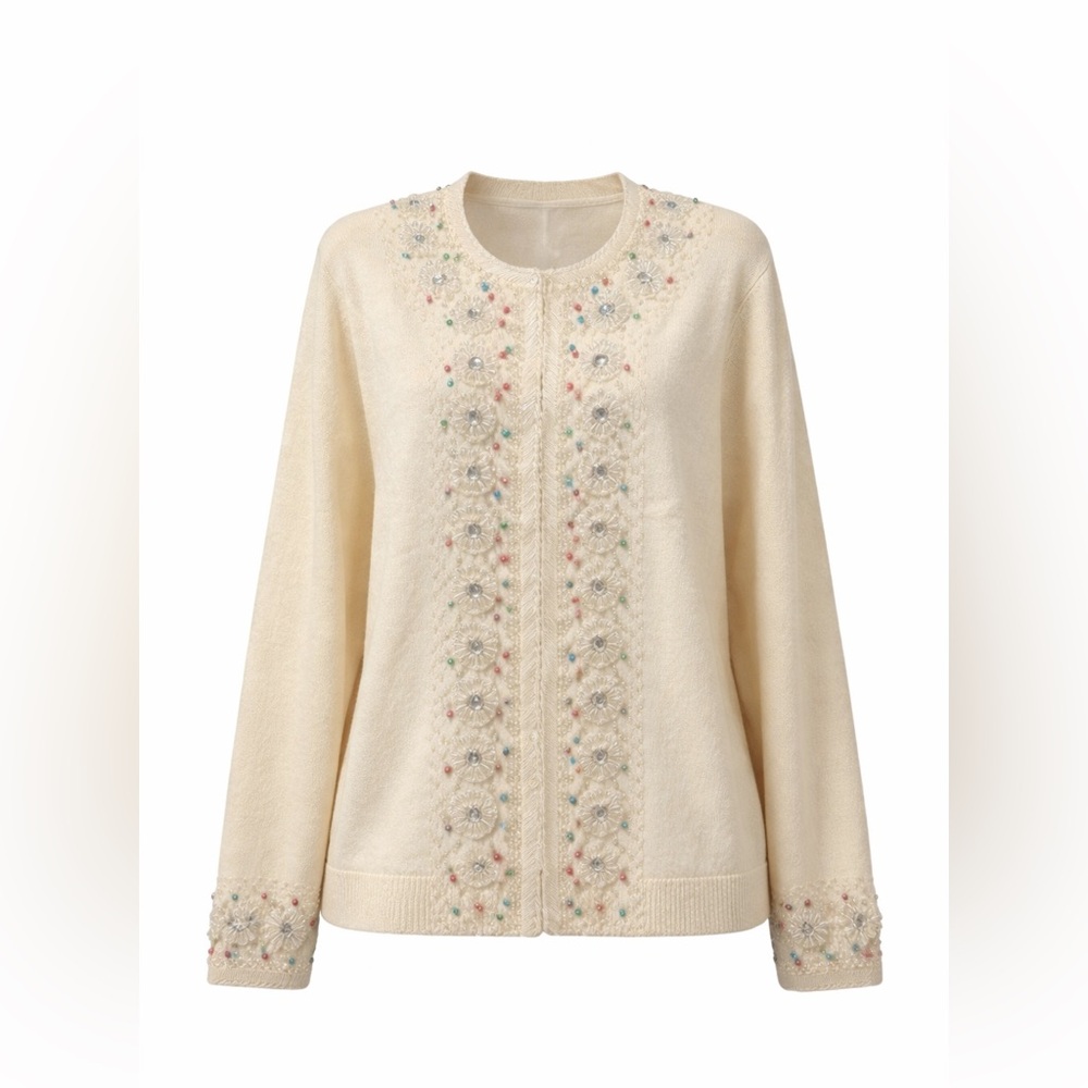 Vintage Cream Beaded Cardigan Sweater Hand-Embellished Floral Button Front